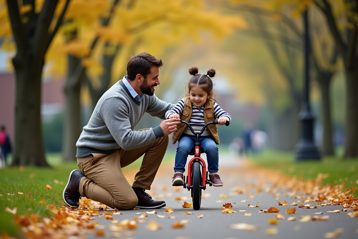 Papa encourageant sa fille à faire du vélo dans le parc
