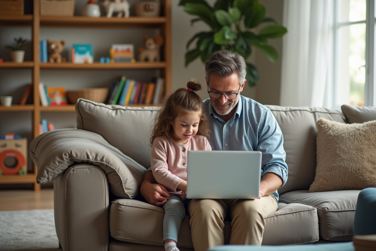 Père et fille utilisant un ordinateur dans le salon
