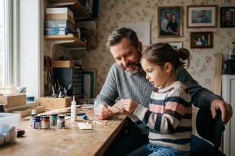 Père et fille assemblant un modèle d'avion dans un atelier chaleureux