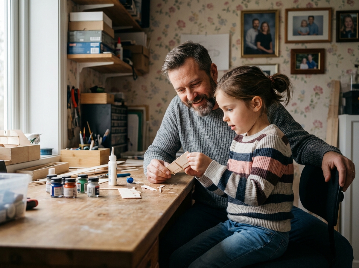 Père et fille assemblant un modèle d'avion dans un atelier chaleureux