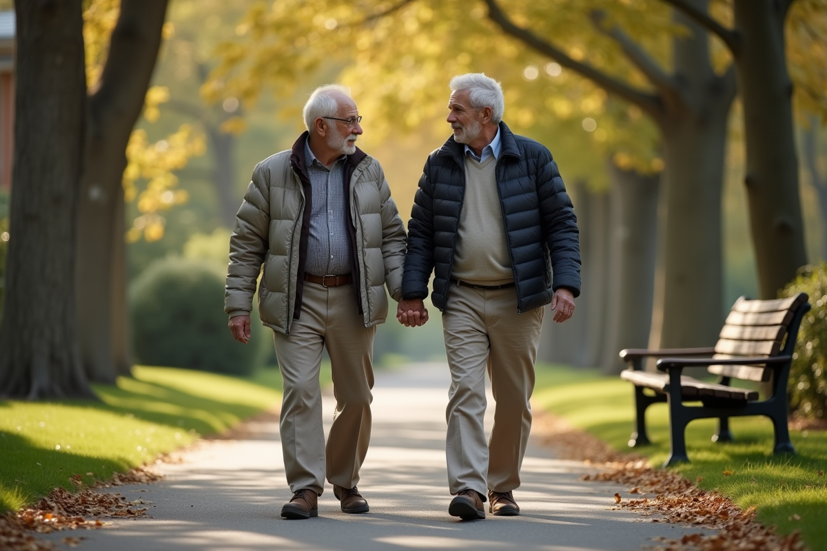 Pere et fils marchant dans un parc verdoyant