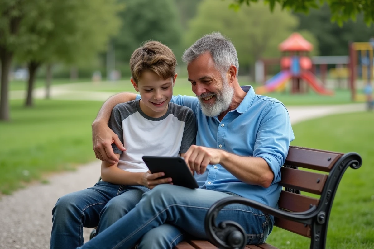 Père et fils regardant une tablette sur un banc au parc