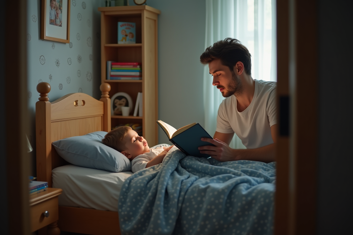 Pere lisant une histoire à son enfant dans une chambre chaleureuse