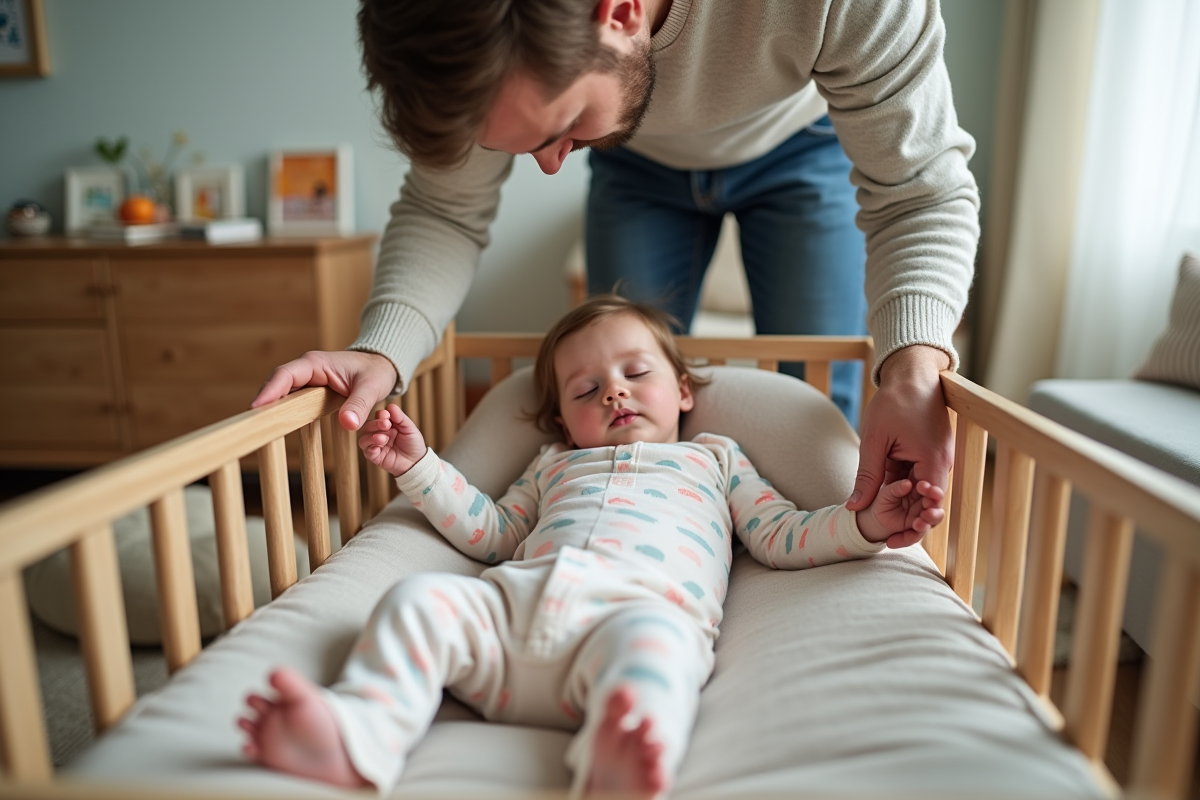 Papa dépose doucement sa fille dans le lit bébé