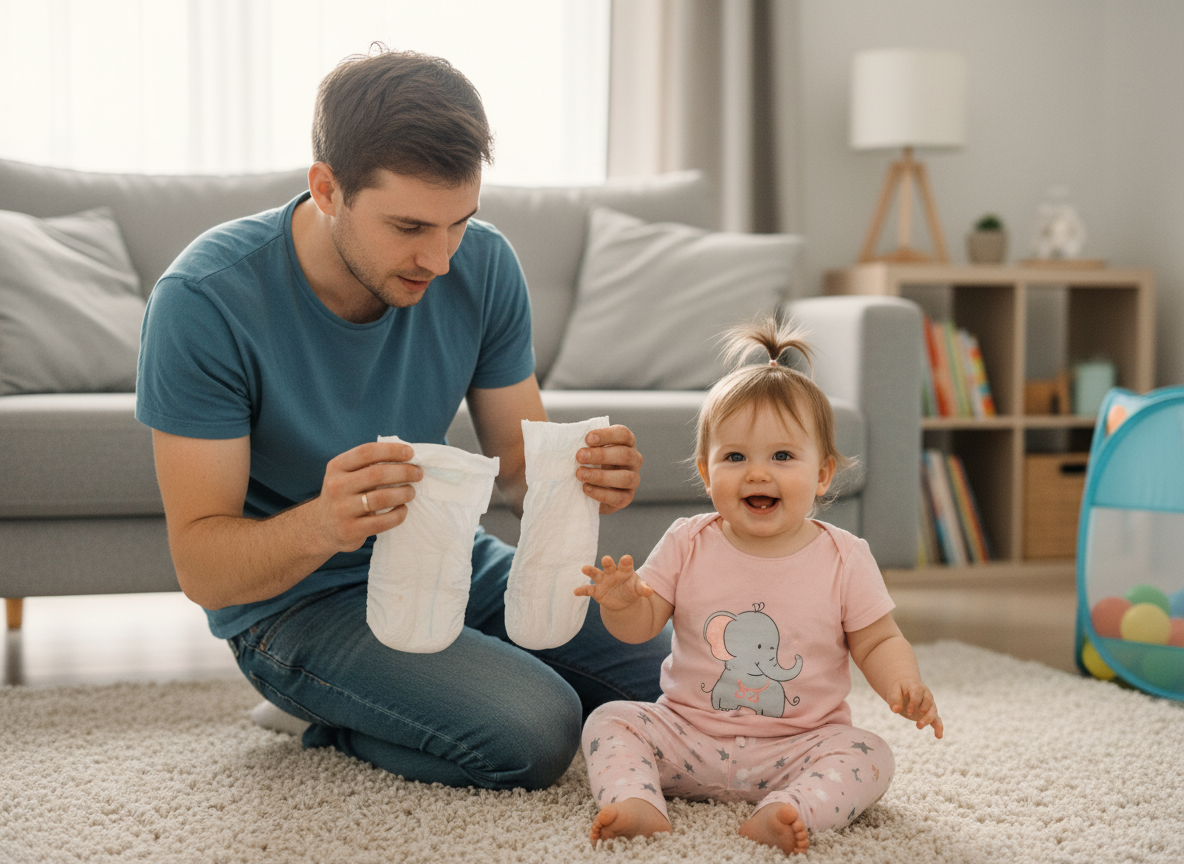 Papa comparant deux tailles de couches avec sa fille