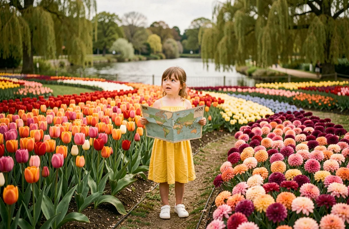 Jeune fille admirant les massifs de fleurs colorés du Parc Floral de La Source à Orléans