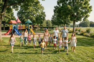 Familles et enfants profitant d'un parc de loisirs en plein air dans le Loiret par une belle journée d'été