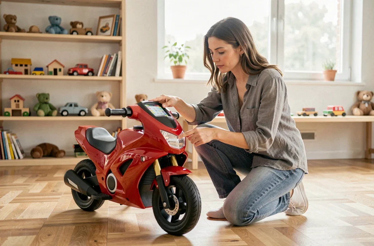 Mère inspectant une petite moto électrique rouge pour enfant dans un salon moderne avec parquet en bois