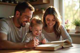 Une famille souriante apprend à lire à leur fille à la table