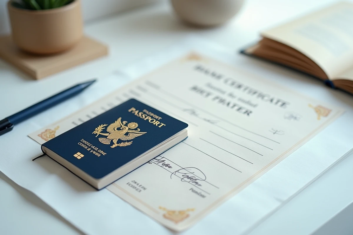 Vue de dessus d'un passeport français, d'un acte de naissance et d'une note manuscrite sur un bureau pour choisir le nom d'usage d'un enfant