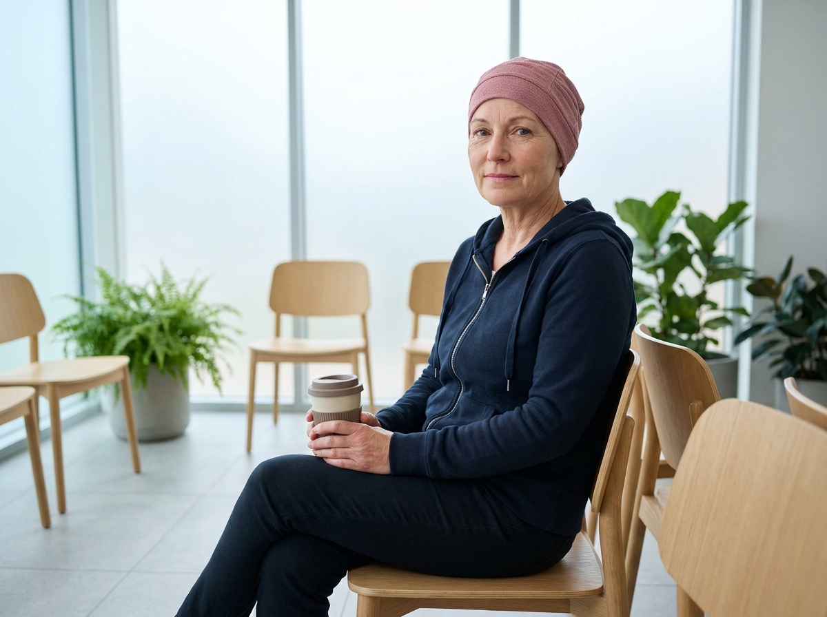 Femme sereine en bonnet de chimio rose pâle dans une salle d'attente médicale moderne, tenant un café, tenue décontractée et regard confiant