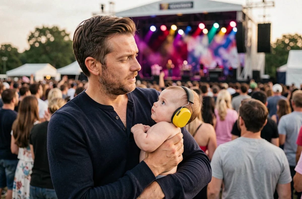 Père tenant son bébé avec un casque anti-bruit jaune dans les bras lors d'un concert en plein air