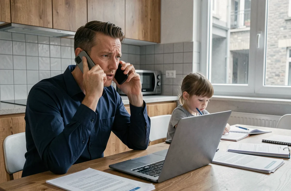 Père en télétravail passant un appel professionnel dans la cuisine pendant que son enfant absent de l'école fait ses devoirs à côté