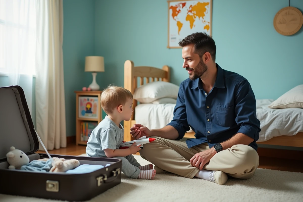 Père préparant la valise avec son enfant en maternelle avant un voyage en famille, dans une chambre d'enfant avec carte du monde