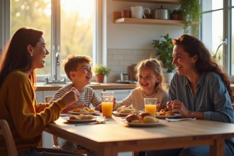 Famille heureuse mangeant au petit déjeuner dans une cuisine lumineuse