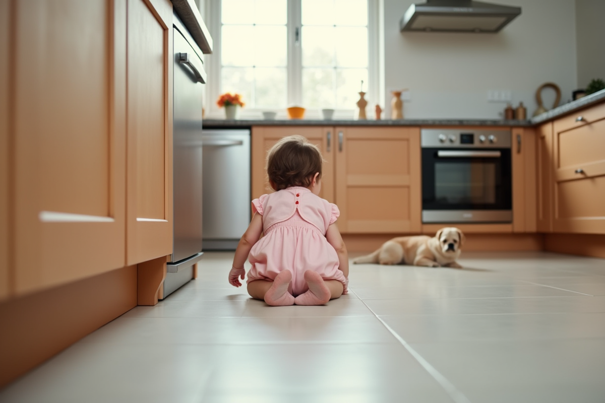 Fillelette de 18 mois dans la cuisine avec meuble sécurisé