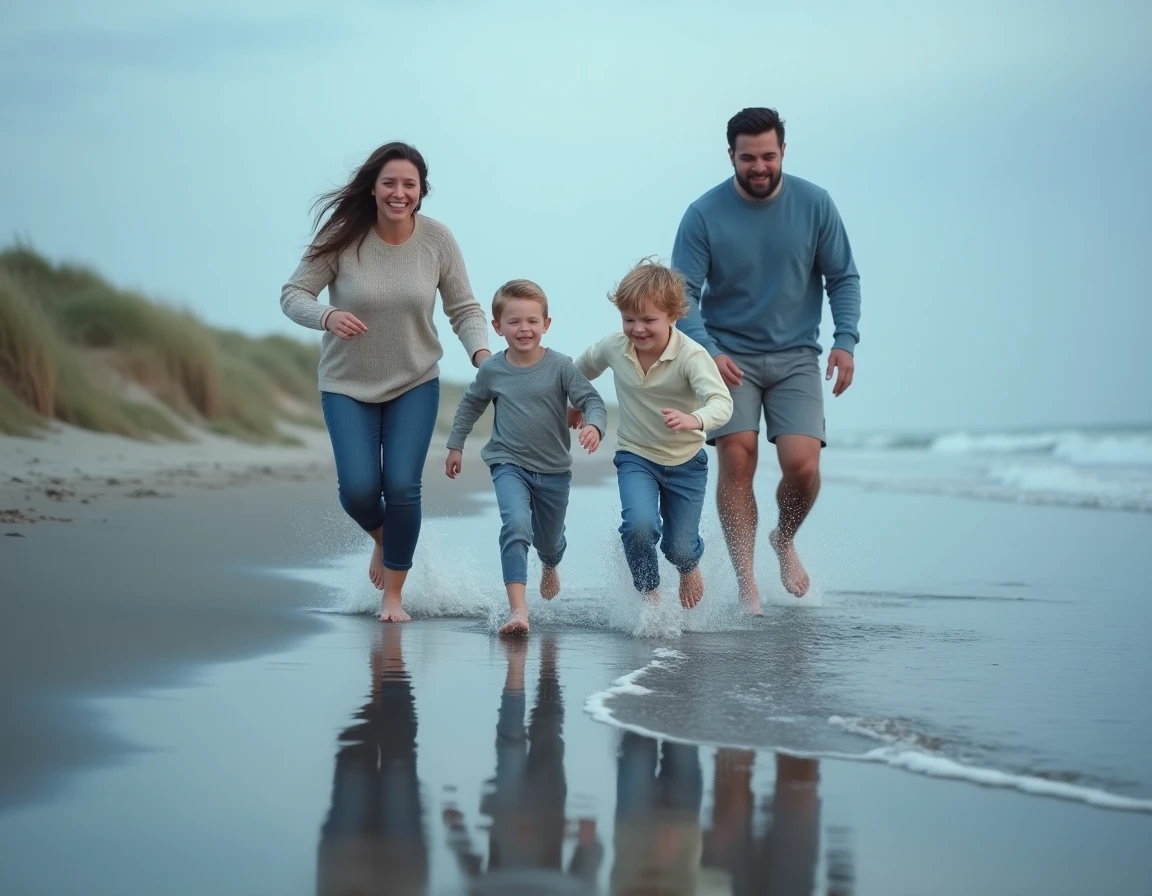 Famille courant sur la plage de Bray-Dunes lors d'une séance photo événementielle et familiale en bord de mer