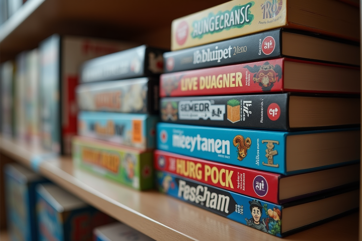 Pile de jeux de société sur une étagère bien organisée