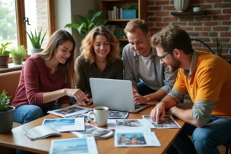 Groupe d'adultes planifiant à l'avance une activité d'anniversaire autour d'un ordinateur portable et de brochures