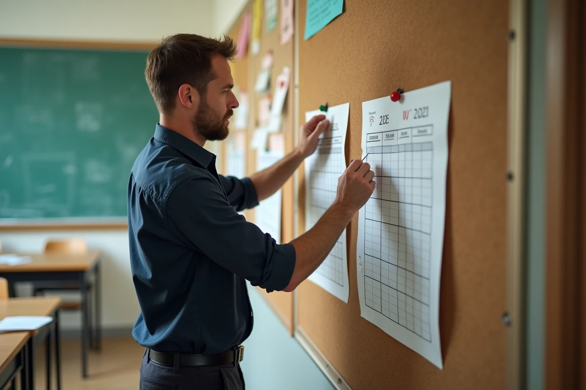 Enseignant affichant un planning scolaire par semaine paire et impaire dans une salle de classe