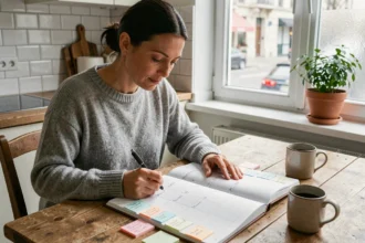 Femme organisant son planning familial dans un agenda papier avec semaines paires et impaires marquées de post-its colorés