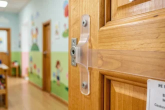 Gros plan sur une porte anti pince-doigt installée sur une porte en bois dans un couloir de crèche, avec protège-doigts en PVC visible et étiquette de norme