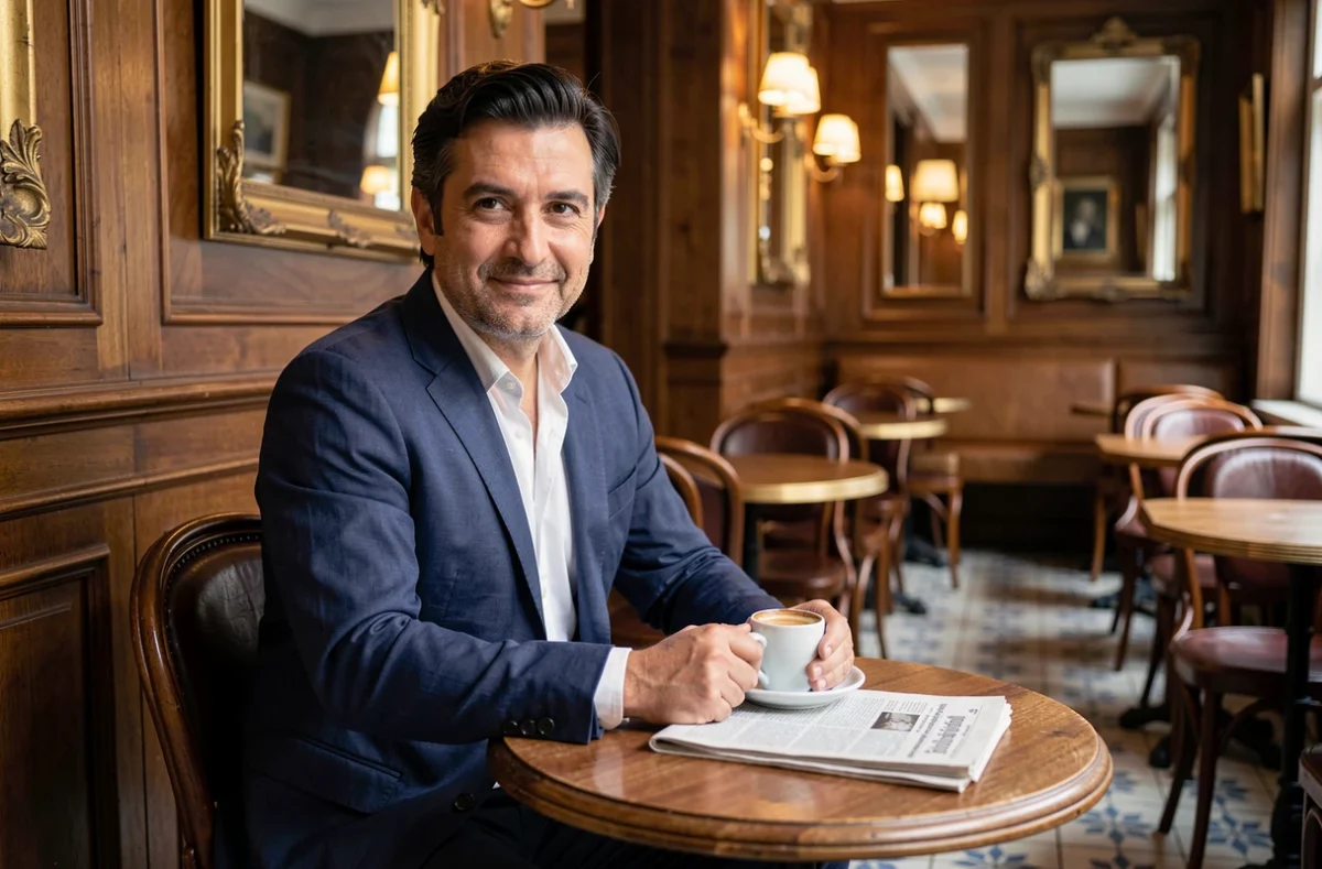 Portrait d'un homme élégant aux origines méditerranéennes assis dans une brasserie parisienne classique