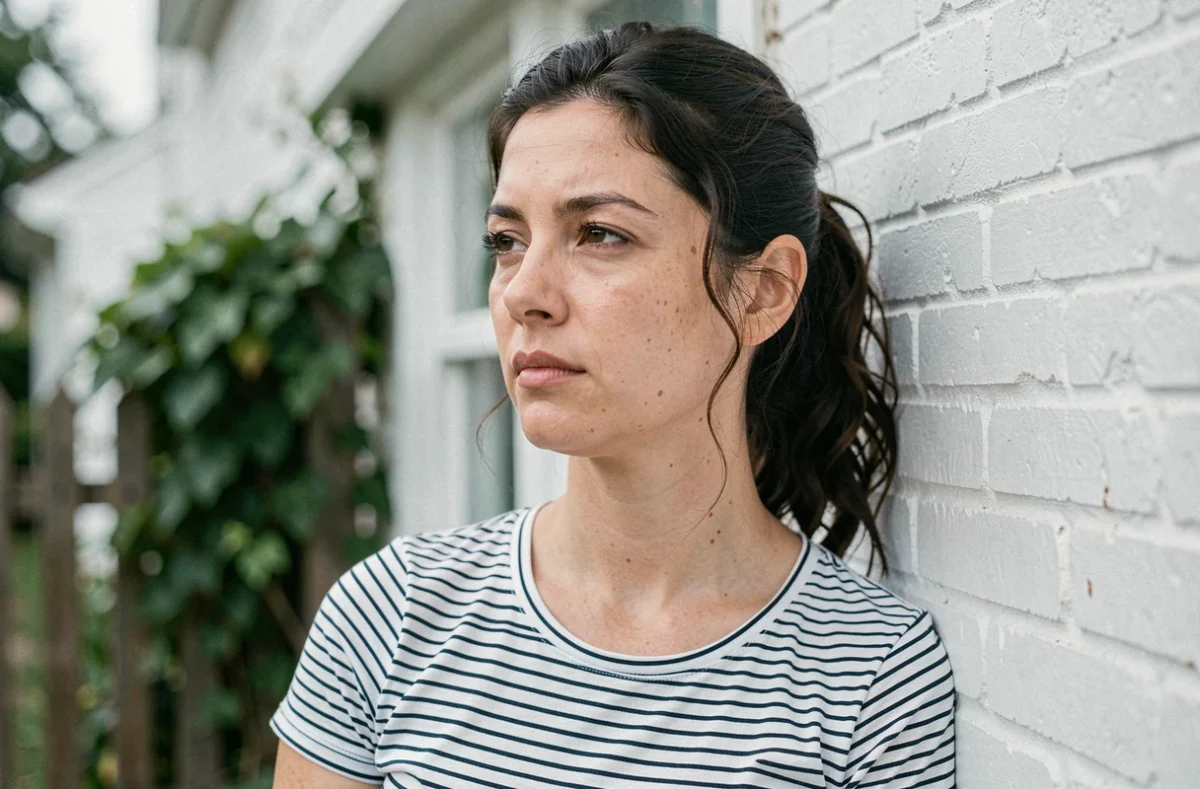 Portrait contemplatif d'une femme adulte devant une maison de banlieue, exprimant la nostalgie d'une enfance avec une mère artiste