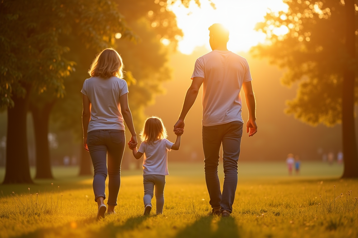 Couple marchant main dans la main avec enfants dans un parc ensoleille