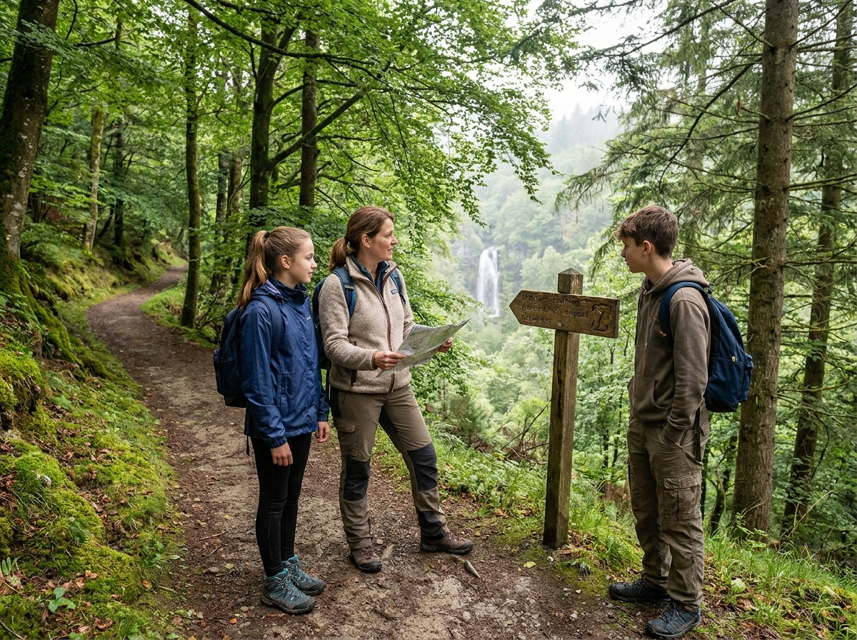 Mère et enfants en randonnée sur un sentier forestier de montagne avec sac à dos et carte topographique