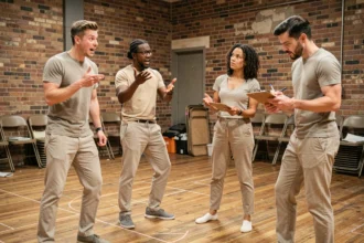 Groupe d'adultes répétant une pièce de théâtre de mime dans un espace de répétition avec murs en briques apparentes