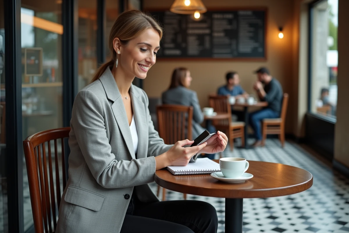 Femme confirmant une réservation d'activité d'anniversaire sur son smartphone dans un café