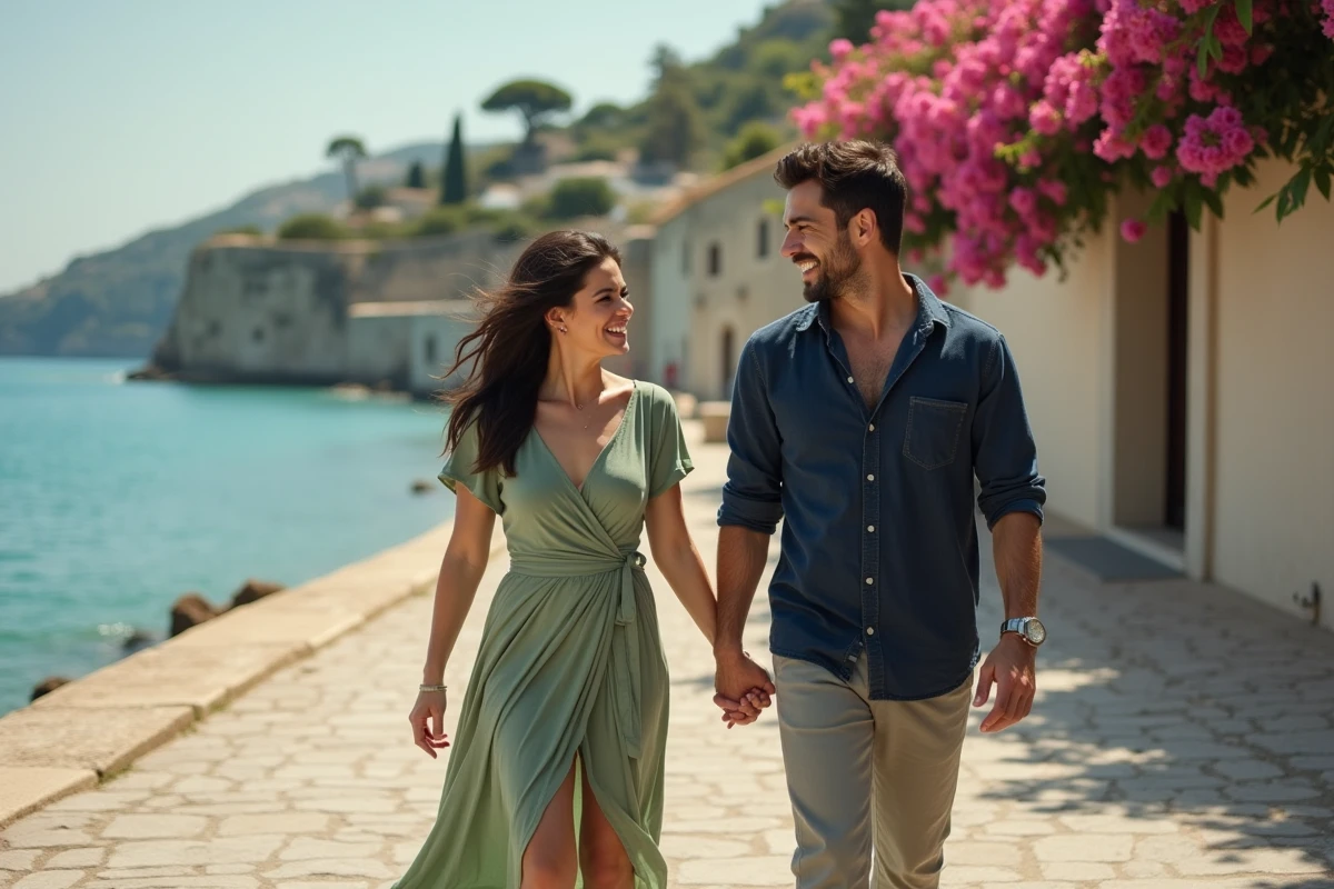Couple complice se promenant main dans la main sur un bord de mer méditerranéen, symbolisant une relation épanouie et des projets communs