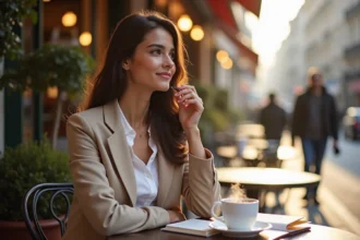 Jeune femme brune souriante attablée en terrasse parisienne avec un agenda ouvert, évoquant des projets de vie et d'avenir