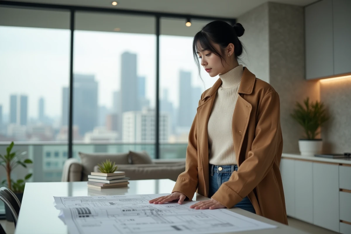 Jeune femme ambitieuse consultant des plans dans un appartement moderne et lumineux, illustrant ses projets professionnels et personnels