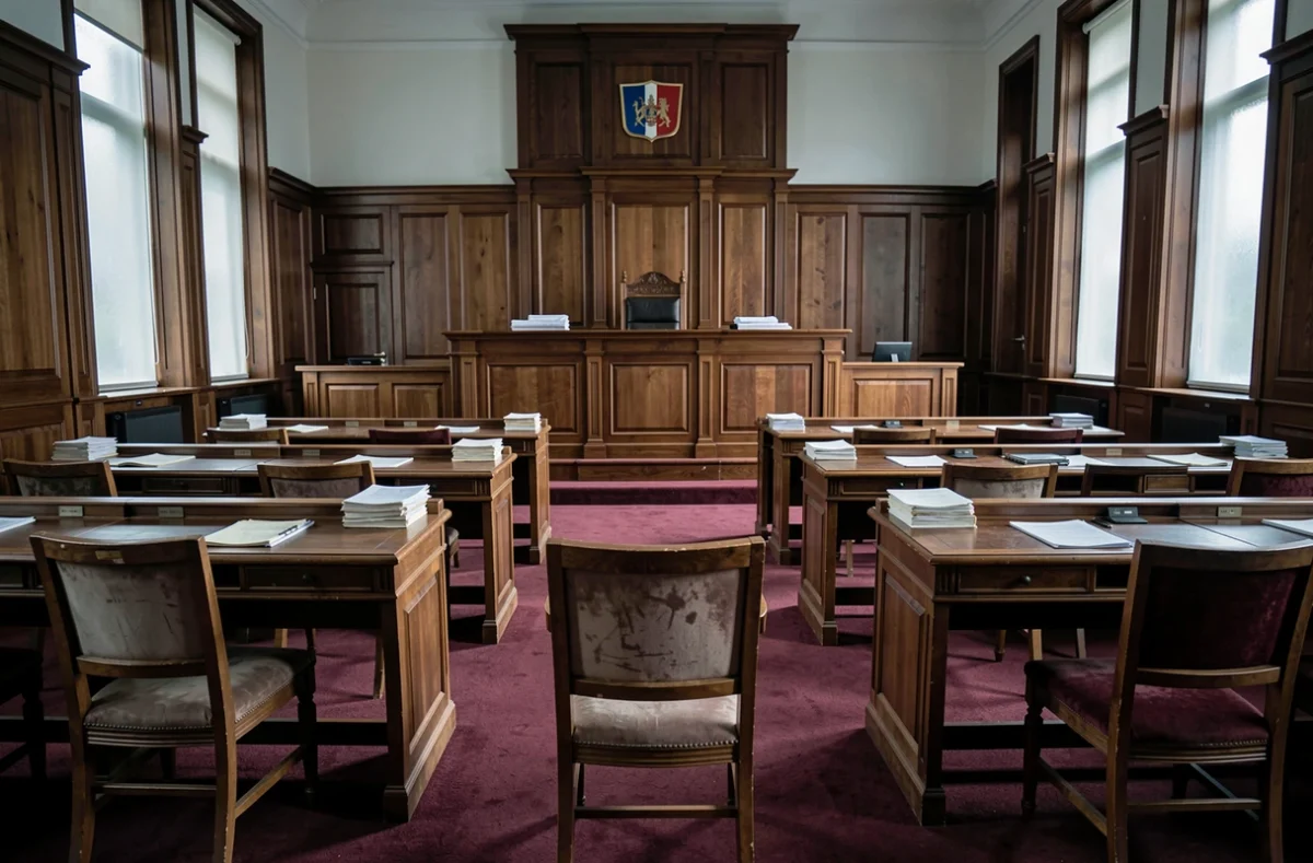 Salle d'audience vide du tribunal pour enfants avec une chaise inoccupée au premier plan