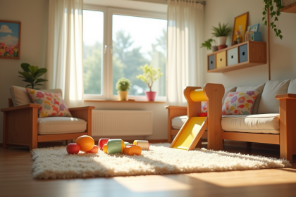 Salon urbain lumineux avec espace de jeu pour enfants