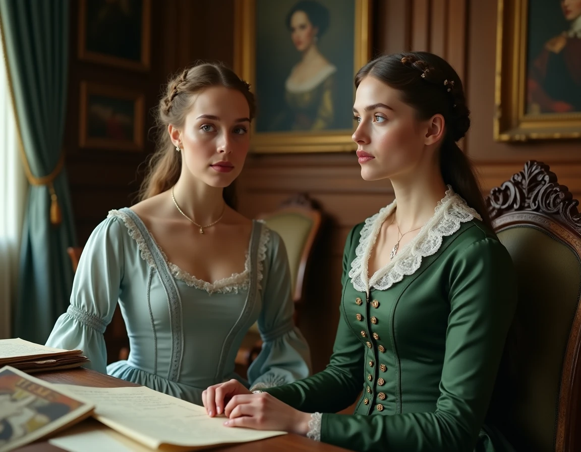 Deux jeunes femmes en tenues de cour du XIXe siècle dans un salon royal, l'une en robe bleue l'autre en robe verte, illustrant le contraste entre Sissi et sa sœur Marie-Sophie de Bavière