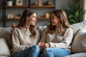 Deux soeurs adultes discutent chaleureusement sur un canapé