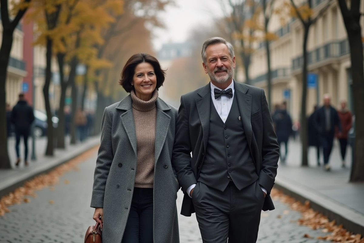 Couple élégant marchant dans une rue parisienne en automne, illustration discrète de la vie privée d'une personnalité médiatique et son mari