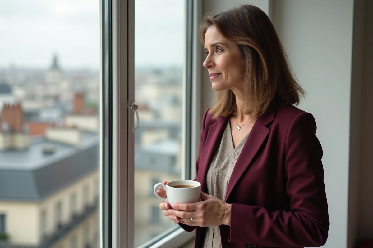 Femme de médias contemplative près d'une fenêtre avec vue sur les toits de Paris, portrait intimiste illustrant la vie personnelle et professionnelle