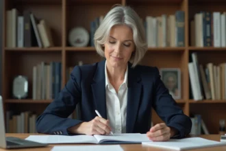 Femme journaliste élégante dans un bureau à domicile, illustrant un portrait professionnel pour un article sur Sylvie Adigard