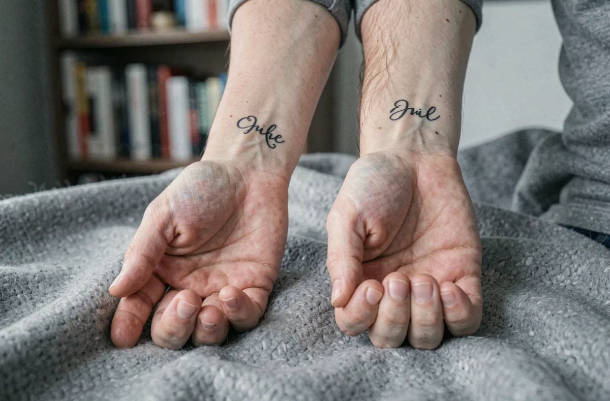 Tatouages initiaux cursifs assortis sur les poignets d'une mère et son fils, symbolisant le lien familial