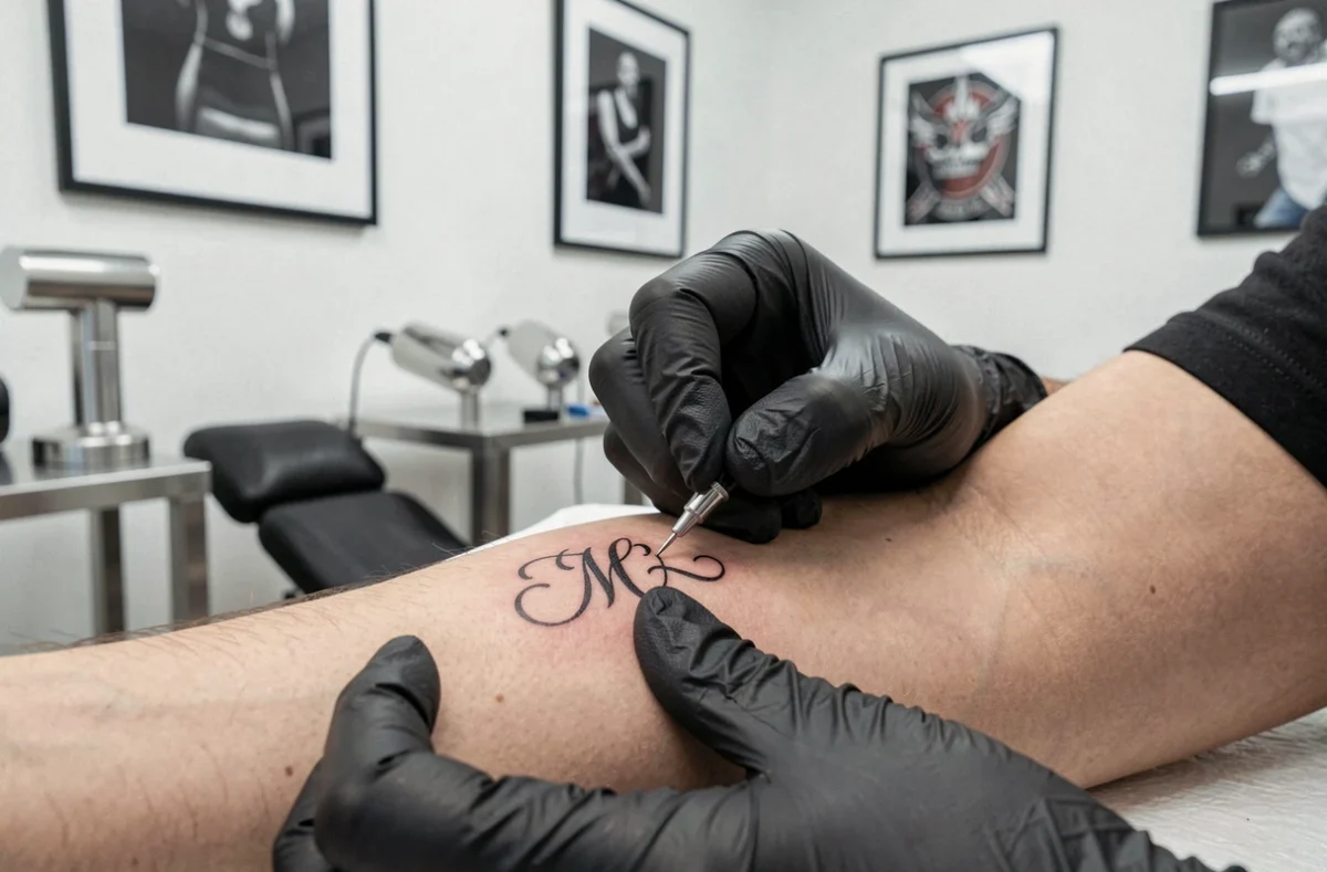 Artiste tatoueur appliquant une initiale cursive sur le poignet en studio de tatouage professionnel