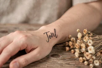 Tatouage initiale famille en lettres cursives sur le poignet d'une femme, style élégant et minimaliste