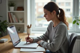 Femme en télétravail organisant son agenda avec un planning papier et un calendrier numérique pour gérer les jours fériés 2025-2026