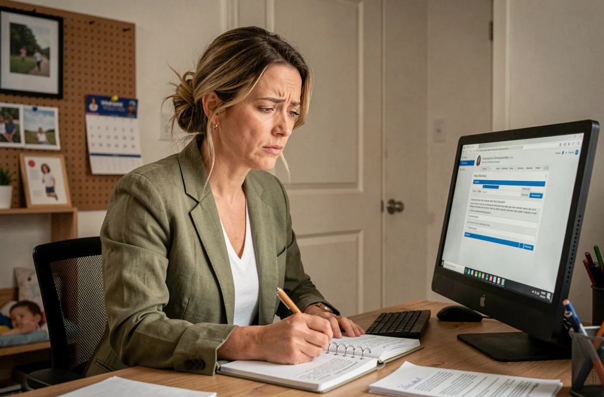 Femme en télétravail organisant administrativement l'absence scolaire de son enfant depuis son bureau à domicile