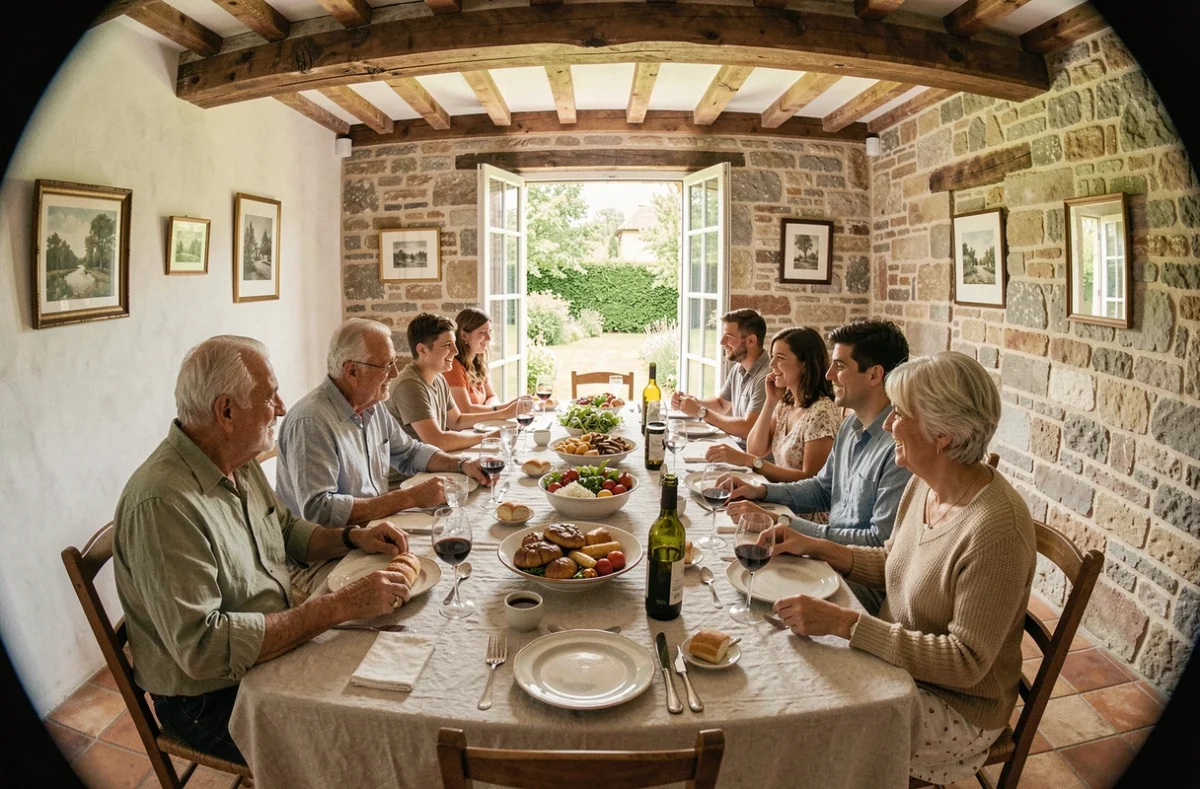 Grande famille réunie autour d'une table de déjeuner dominical dans une ferme en pierre restaurée de la campagne française, symbolisant la vie familiale et les racines personnelles de Thierry Breton