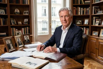 Portrait d'un homme distingué aux cheveux argentés dans un bureau personnel chaleureux entouré de photos de famille et de souvenirs personnels, illustrant la vie privée de Thierry Breton