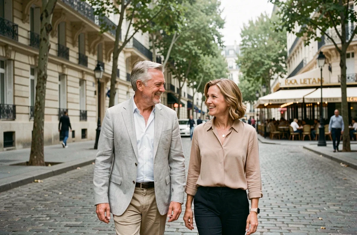 Couple élégant marchant ensemble dans une rue pavée parisienne typique, évoquant la vie personnelle et conjugale d'un homme politique européen comme Thierry Breton
